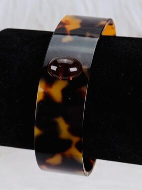 Vintage Tortoise Pattern Open Cuff Bracelet Brown Domed Accent Wide Statement
